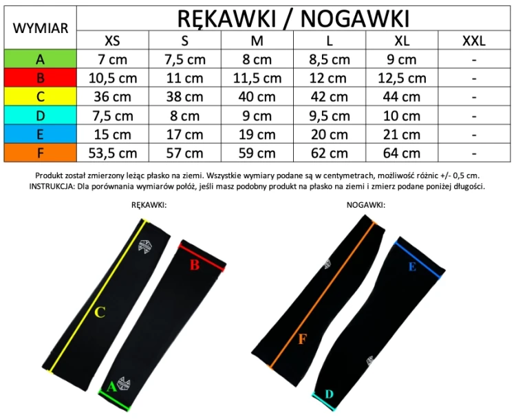 Rękawki kolarskie czarne - tabela rozmiarów