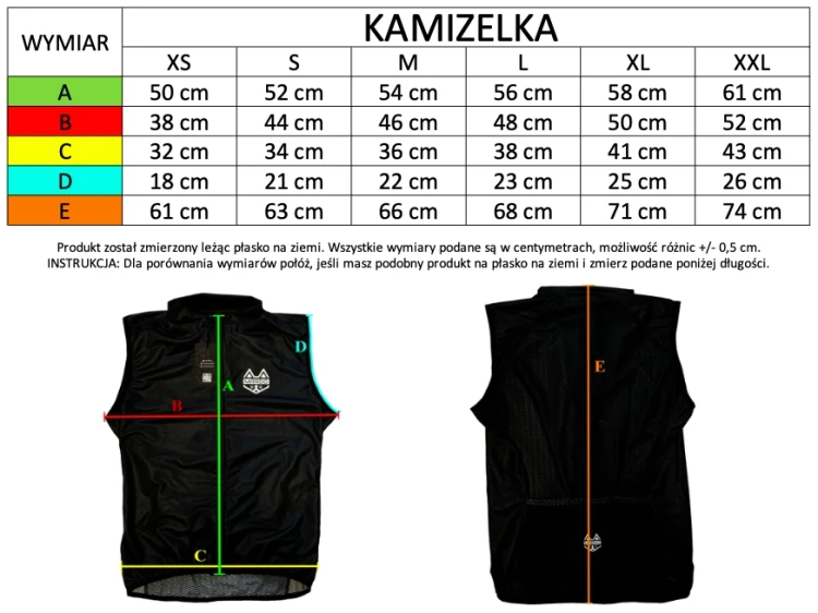 Kamizelka rowerowa czarna - tabela rozmiarów