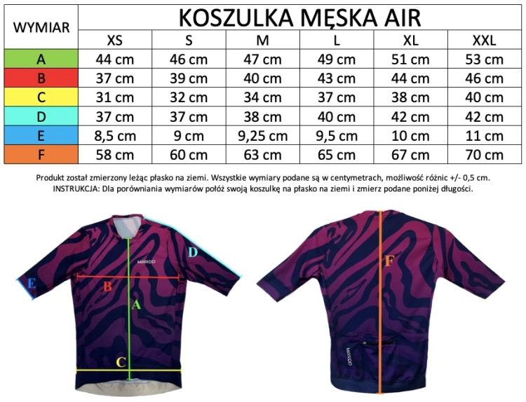 Koszulka rowerowa męska biała air Mardo d'Italia - tabela rozmiarów