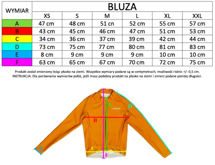 Bluza rowerowa męska granatowa - tabela rozmiarów
