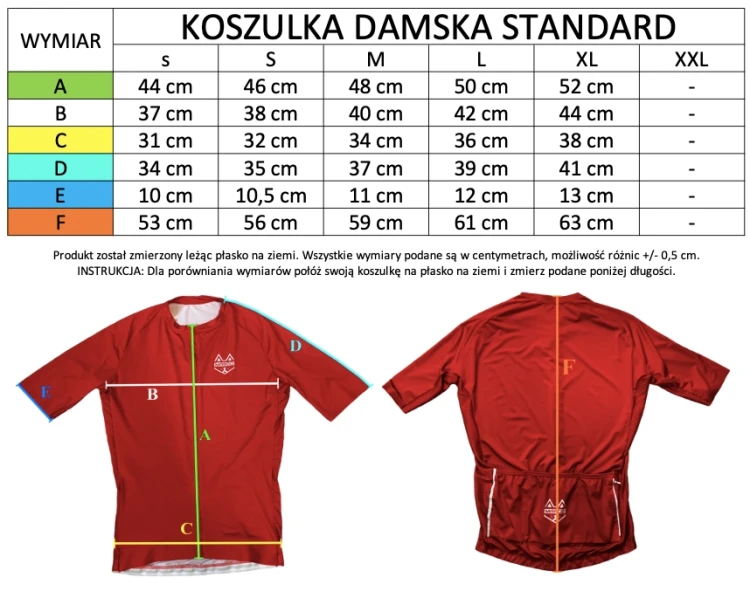 Koszulka rowerowa damska liliowa - table rozmiarów