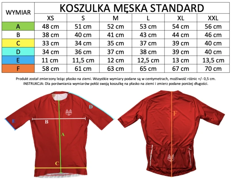 Koszulka rowerowa męska czarna - tabela rozmiarów